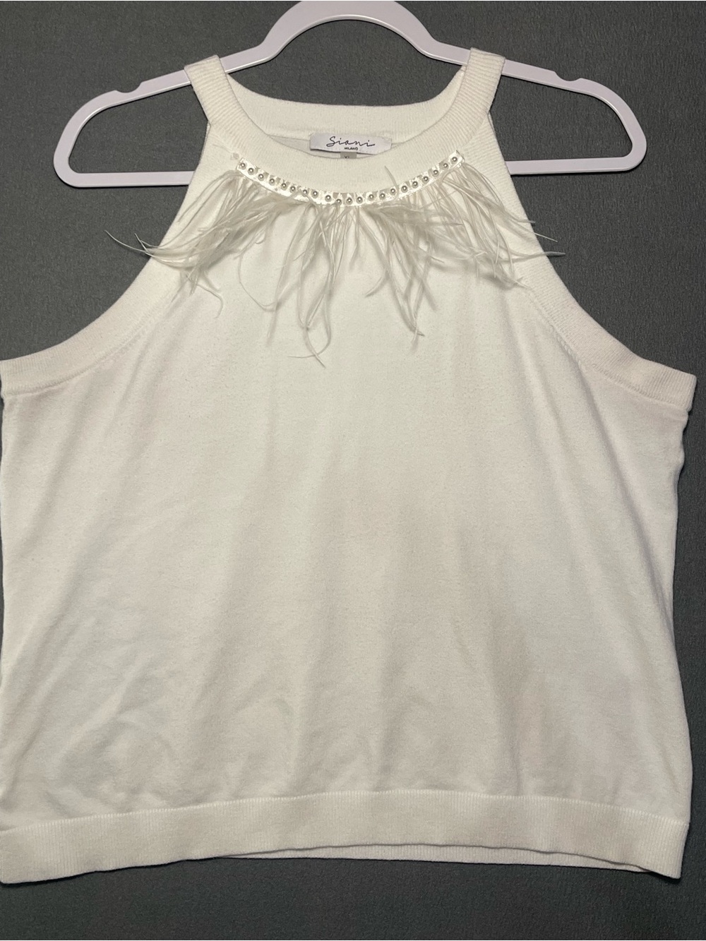 Sioni Milano Ivory Sleeveless Sweater Top w/ Feather & Beaded Neckline XL